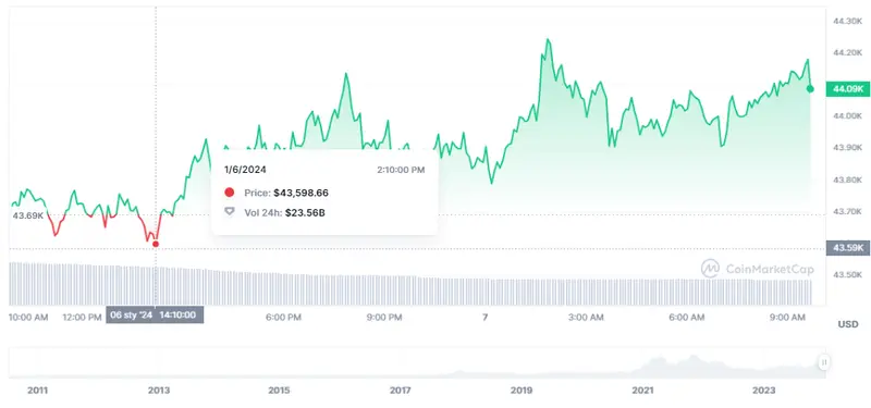 Gráfico de las cotizaciones del Bitcoin (BTC) en un espacio de tiempo de un día