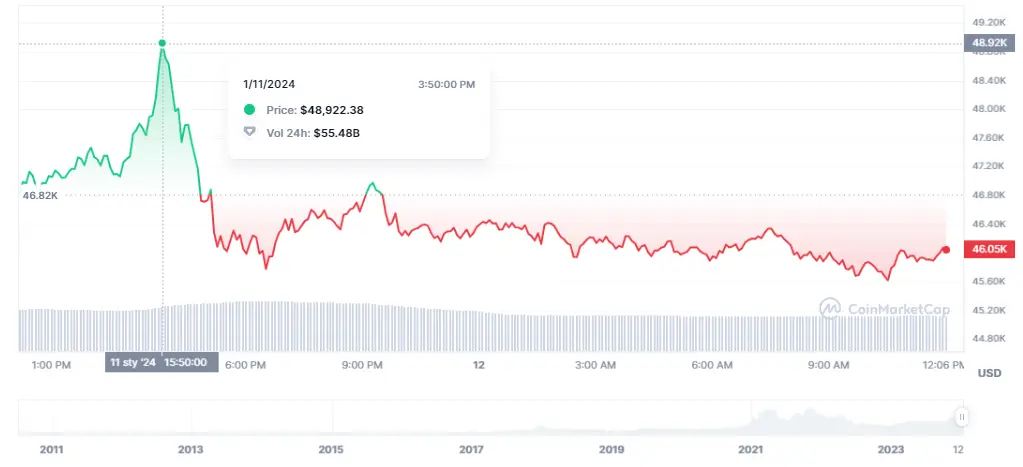 Gráfico de las cotizaciones de la criptomoneda Bitcoin (BTC) en un espacio de tiempo de un día