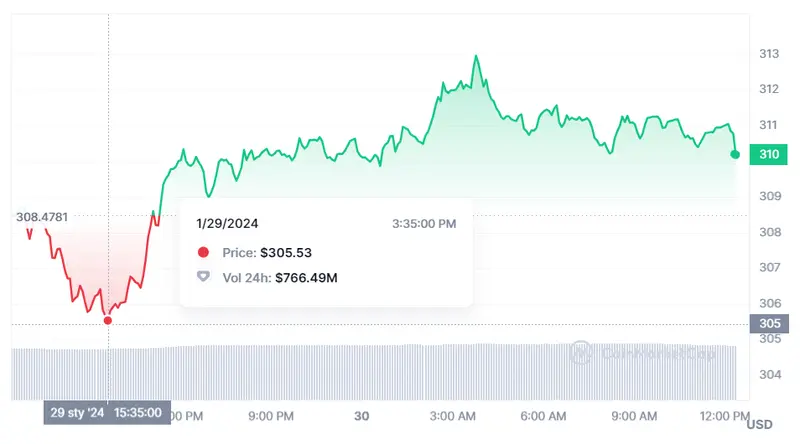 Gráfico de las cotizaciones de la criptomoneda BNB en un espacio de tiempo de un día