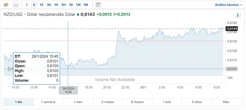 Gráfico de las cotizaciones del tipo de cambio Dólar Neozelandés Dólar (NZDUSD) en un espacio de tiempo de un día