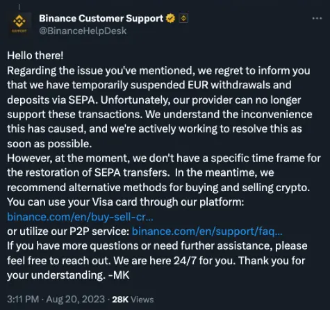 ¡Alerta en el mundo cripto! Binance, el mayor intercambio de criptomonedas, sufre dificultades con retiros de clientes europeos y elimina mensaje de redes sociales - 1