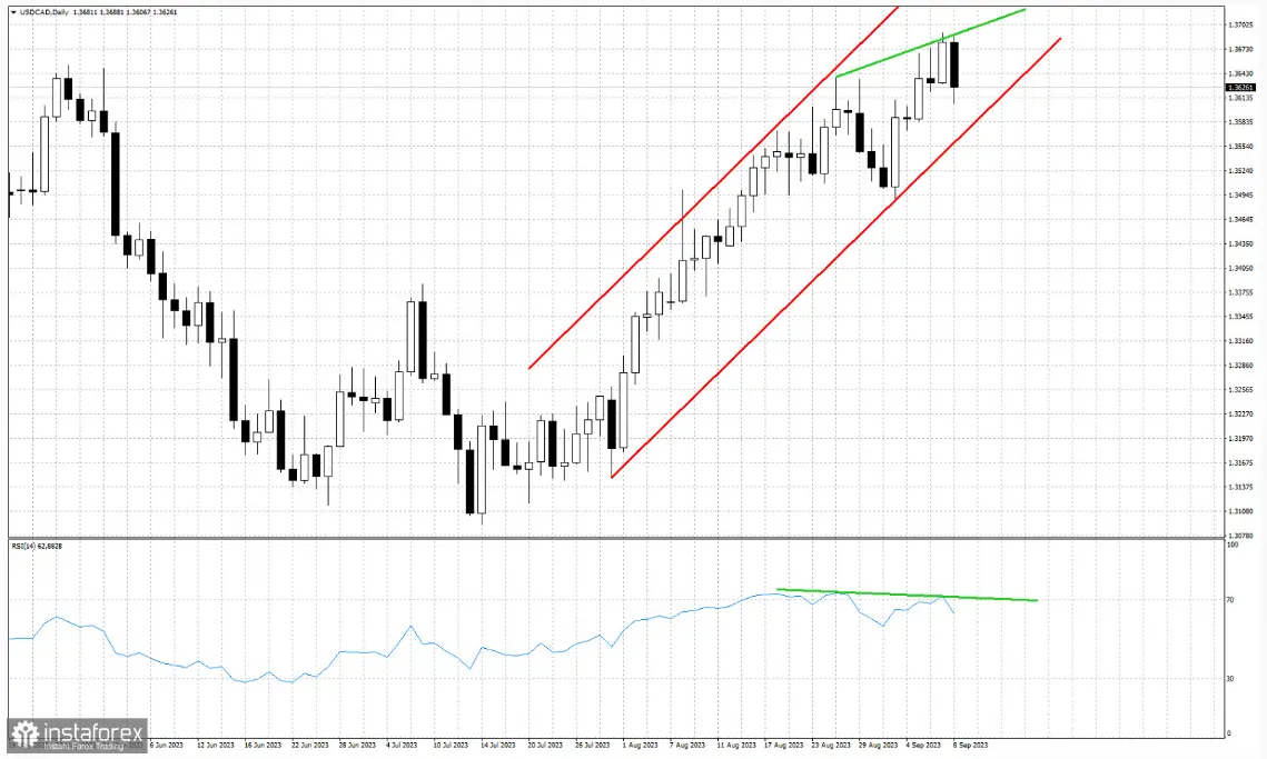 ¡Alerta para los alcistas! Divergencia bajista en el RSI del cambio Dólar Dólar Canadiense (USDCAD) indica posible debilidad en la tendencia alcista - 1