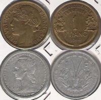 Monedas de un franco de África Occidental Francesa de 1944 y 1948. Fuente: Wikipedia